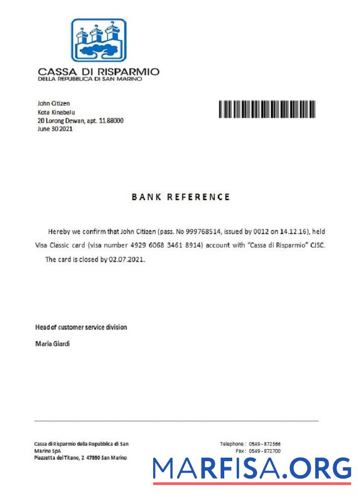 Blank San Marino Cassa di Risparmio closure reference download for verification